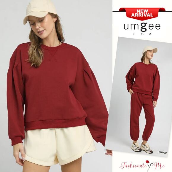 Umgee Crew Neck Long Sleeves Pleated Detail Relaxed Casual Sweatshirt | Burgundy - Picture 1 of 6